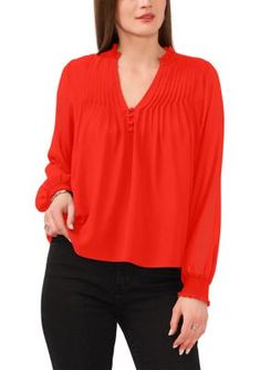 A pleated yoke offers subtle sophistication to this blouson sleeve split neck top from 1.State. | 1.State Women's Pleated Yoke Split Neck Top, Red, Large Casual Pleated V-neck Tops, Casual Pleated Tops For Fall, Casual Pleated Tops For Work, V-neck Pleated Top For Workwear, Pleated Solid Color Blouse For Fall, Pleated V-neck Top For Work, Casual Pleated Blouse For Work, Casual Pleated Workwear Blouse, Casual Office Tops With Pleated Sleeves