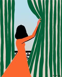 a woman in an orange dress is looking out the window with green and white striped curtains