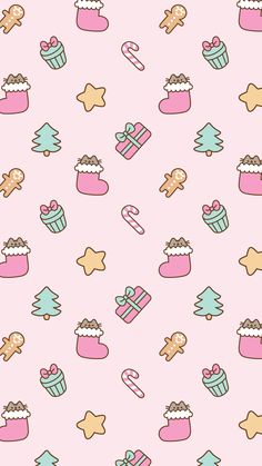 a pink wallpaper with many different types of food and decorations on it's surface