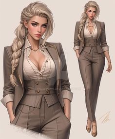 a drawing of a woman with blonde hair wearing a brown suit and white shirt, standing in