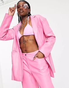 COLLUSION oversized blazer & straight leg pants with seam detail in bright pink | ASOS Pink Stuff, Leather Blazer Jacket, Jackets Uk, Oversized Style, Oversized Blazer, Straight Leg Trousers, Leather Blazer, Purple Fashion, Petite Outfits