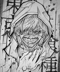 a drawing of a person with an evil smile on his face and hands in front of him