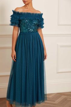 Sequin Wreath Bodice Off-Shoulder Ankle Gown – Blue | Needle & Thread Vintage Lace Curtains, Teal Blue Dress, Lace Curtain, Gown Blue, Off Shoulder Gown, Layered Tulle Skirt, Ballerina Dress, Short Gowns, Lace Curtains