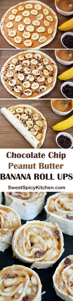 chocolate chip peanut butter banana roll ups with bananas in the background