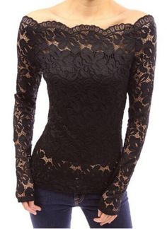 Stylish Slash Collar Long Sleeve Solid Color Lace Women's T-Shirt Crochet Lace Shirt, Steampunk Outfits, Lace Long Sleeve Shirt, Lace Blouse Long Sleeve, Peplum Tops, Black Lace Top, Lace Top Long Sleeve, Lace Shirt