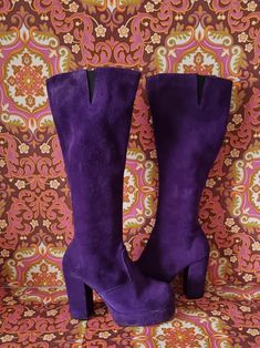 "Welcome to Sapphire and Sixpence Please like us on https://www.facebook.com/sapphireandsixpence and follow us on Instagram @sapphireandsixpence  for offers and new products.... A pair of vintage zip up boots  im not sure of the age of these  Colour: purple Make : ? Material: suede leather Size : says a uk 5 on the bottom ..im size 5 (like 5.5) and they just fit me, i think best fit a small 5  Heel to toe measurement: 26.6cms (outside sole) Heel height: 4\" height of boot: 46cms (including the heel)  circumference around the top: 35.5cms some elastic has been added so has some give look at photos condition: very good  Please note these are older boots the glue may not be as strong as originally. These seem fine but they are sold as seen and you.may have to get them re glued at some point. Lane Boots, Old Boots, Hippie Costume, Brown Suede Jacket, Boots Uk, Vintage Hippie, Purple Suede, Penny Lane