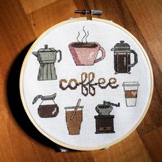 a cross stitch pattern with coffee related items