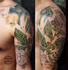 two different pictures of a man's arm with flowers and leaves tattooed on it