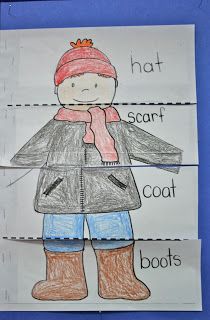 a paper cut out of a person wearing winter clothing with the words hat, scarf and boots