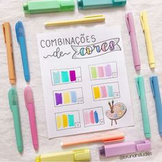 several different colored pens and markers on a sheet of paper with the words combinace de corres written in spanish