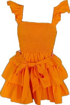 Orange Mini Dress With Ruffle Hem, Orange Mini Dress With Ruffle Hem For Summer, Orange Ruffled Mini Dress, Orange Ruffle Mini Dress, Orange Ruffled Sundress, Orange Ruched Summer Mini Dress, Orange Sundress With Ruffles, Summer Orange Ruched Mini Dress, Summer Tiered Ruched Ruffle Dress