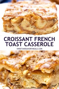 a plate with a slice of croissant french toast casserole Bacon Grits, French Toast Casserole Easy, Baked French Toast Casserole, Casserole Breakfast, French Toast Casserole Recipes, Overnight French Toast, Easy Brunch Recipes, French Toast Breakfast, Toast Casserole