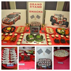 an assortment of desserts and snacks displayed on a table at a race car themed birthday party