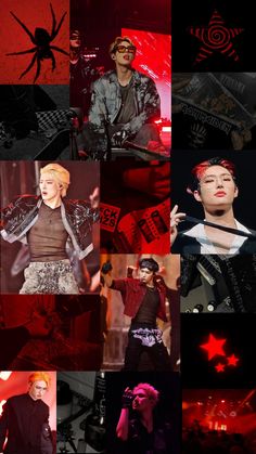 the collage shows many different images of people in black and red outfits, with one man