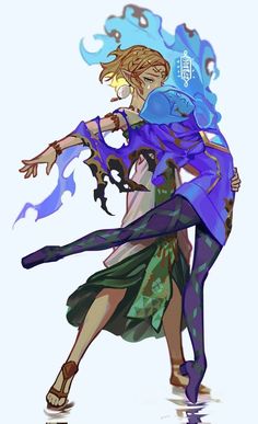 two people dressed in blue and green dancing on water with their arms around each other