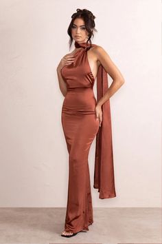 Mademoiselle Rust Satin Asymmetric Scarf Neck Backless Maxi Dress – Club L London - USA Rust Gown, Satin Design, Stretch Satin Fabric, Club L London, Backless Maxi Dress, Gala Events, Scarf Neck, Backless Maxi Dresses, Backless Design