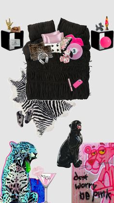 a collage of various items including a couch, zebra and other animal related objects