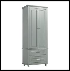 a tall gray armoire with two drawers