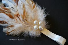 Stunning Ivory  Tan Hackle Feather Headband with Pearls - Photo Prop - Newborn Baby Toddler - Cream Brown - Elastic Headband - No Slip Headband With Pearls, Feather Headband, Baby Headbands, Photo Prop, Photo Props, Newborn Baby