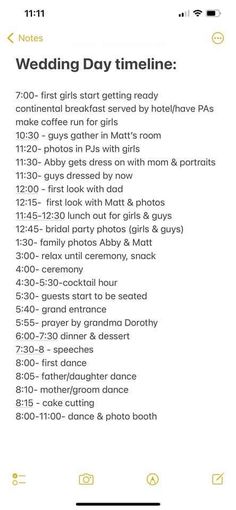 the wedding day schedule is displayed on an iphone screen, and it's time to get married
