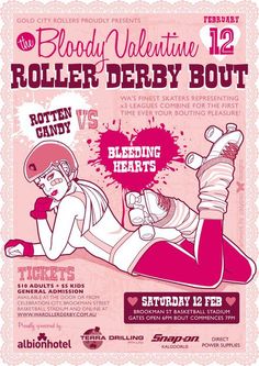 Bloody Valentine (Gold City Rollers). Poster by Paula Fletcher of Calypso Designs. Roller Derby Poster, Roller Derby Costume, Info Poster, Sports Management, Skate Punk, Gold City