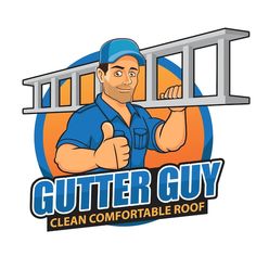 the logo for gutter guy clean comfortable roof, with an image of a man holding up