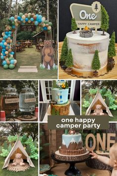 One Happy Camper 1st birthday party setup featuring various camping-themed decorations, including balloon arches, outdoor drink stations, and rustic cakes. This collage showcases creative ideas for a One Happy Camper first birthday, perfect for a 1st Birthday Camping Theme or an outdoorsy fall celebration for boys. Birthday Creative Ideas, Birthday Camping Theme, Fourest Birthday, One Happy Camper First Birthday