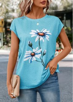 Color:Sky Blue;Size:S;Size:M;Size:L;Size:XL;Size:2XL;Size:3XL;Package Contents:1 X T Shirt;Occasion:Other;Style:Casual; Blue Jumpsuits, Lovely Tops, Painted Flowers, Solid & Striped, Floral Print Shorts, Tees For Women, Short Sleeve T Shirt, Blue T, Blue Tshirt