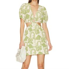 This Sage Green Cutout Mini Dress Will Have You Feeling Ready To Go Out And Take On The Day! Platform Sneaks For Brunch With The Girls, Or Heels For A Shower Or Girls Trip, This Mini Dress Can Do It All. Approximate Measurements Under Arms Flat 18" Waist 27" Stretches Up To 32" Length 31" Brand New No Tags Designer Sample Garment Care Tag & Content Missing Green Short Sleeve Mini Dress For Vacation, Spring Knee-length Cutout Dress, Knee-length Cutout Spring Dress, Spring Cutout Knee-length Dress, Fitted Sundress Mini Dress With Cutout, Retro Cotton Mini Dress For Day Out, Green Cotton Mini Dress For Brunch, Casual V-neck Mini Dress With Cutout, Fitted Sundress With Cutout