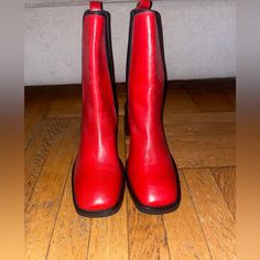 Brand New Red Asos Boots, Never Worn. True To Size Red Square Toe Heeled Boots For Party, Trendy Red Boots With Square Toe, Trendy Red Heeled Boots With Reinforced Heel, Trendy Red Square Toe Boots, Chic Boots With Red Sole And Round Toe, Red Ankle-high Heels With Stacked Heel, Red Stacked Heel Boots For Winter, Ankle-high Boots With Red Sole For Spring, Trendy Red Heeled Boots For Fall