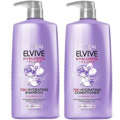 L'Oreal Paris Elvive Hyaluron Plump Shampoo and Conditioner Set for Dehydrated, Dry Hair with Hyaluronic Acid Care Complex 26.5oz Elvive Hyaluron + Plump paraben-free hydrating formulas help achieve shinier, free-flowing strands for dry, dehydrated hair without weigh down. Formulated with Hyaluronic Acid, Elvive Hyaluron + Plump regimen, inspired by skincare, helps hair fibers retain long-lasting moisture. Hydrating Shampoo gently cleanses and instantly hydrates while the Hydrating Conditioner instantly detangles and moisturizes dry hair. The Wonder Water provides flash hydration for soft, weightless hair, and the replumping serum, with 2 percent Hyaluronic Care Complex, serves as a daily moisturizing leave-in, giving a full boost of moisture to dry hair and leaving hair bouncier and shini Elvive Conditioner, L’oréal Elvive, L’oréal Shampoo And Conditioner, L’oréal Hyaluronic Shampoo, L’oréal Shampoo, Elvive Shampoo, Moisturize Dry Hair, Loreal Hair, Shampoo And Conditioner Set