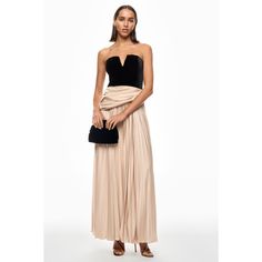 Off-white gown (95% Polyester, 5% Spandex). Strapless. Sleeveless. Side zipper closure. 58" from shoulder to hemline. Imported. Pre-draped Strapless Dress With Pleated Bodice For Parties, Stretch Strapless Halter Top With Built-in Bra, Pre-draped Strapless Gown With Ruched Bodice, Luxury Pre-draped Ruched Strapless Dress, High-end Black Strapless Dress With Ruched Bodice, White Gowns, Rent The Runway, Side Zipper, Black Print