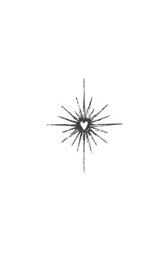 a black and white drawing of a starburst with a heart in the middle