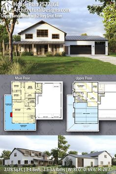 two story house plans with garage and living room in the front, an open floor plan for