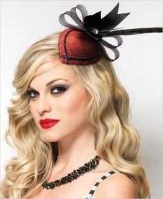 Leg Avenue - Red fascinator with Ribbon - Bow & Feather Fancy Dress Up, Rhinestone Hair Clip, Pin Up Hair, Halloween Fancy Dress, Leg Avenue, Long Blonde