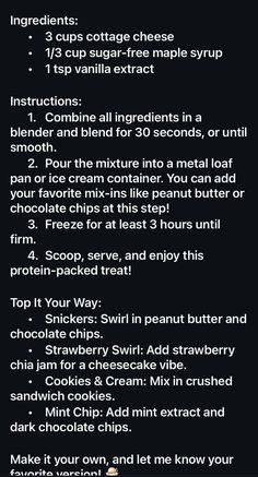 the instructions for making an ice cream sandwich on a black background with white writing and chocolate chips