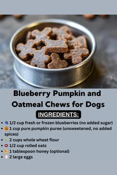 blueberry pumpkin and oatmeal chews for dogs in a metal bowl