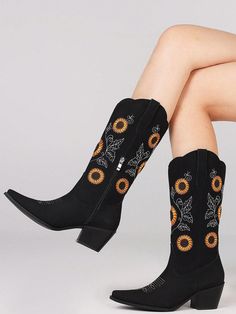 Introducing our Sunflower Embroidered Cowboy Boots, the perfect combination of style and function. These black cowgirl boots feature beautiful sunflower embroidery, adding a touch of femininity to a classic design. Made for women who want to make a statement, these boots are a must-have for any wardrobe. Elevate your look and stand out from the crowd with these stylish cowboy boots. Color : Black Closure Type : Slip on Insole Material : PU Leather Lining Material : PU Leather Outsole Material : Casual Fall Boots With Floral Embroidery, Fall Floral Embroidered Boots With Round Toe, Fall Floral Embroidered Round Toe Boots, Floral Embroidery Round Toe Boots For Fall, Fall Floral Embroidery Round Toe Boots, Trendy Embroidered Summer Boots, Black Boots With Floral Embroidery For Fall, Black Floral Embroidery Boots For Fall, Casual Black Embroidered Boots