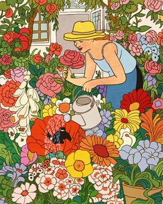 a painting of a woman watering flowers