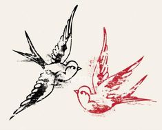 two birds flying next to each other on a white background in black and white ink