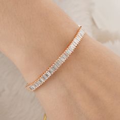 Baguette Diamond Bracelet, Formal Baguette Cut Diamond Gold Bracelet, Rose Gold Baguette Cut Bracelet For Weddings, Baguette Cut Rose Gold Bracelets For Wedding, Rose Gold Baguette Diamond Bracelet As A Gift, Rose Gold Baguette Cut Bracelets For Wedding, Classic Gold Baguette Diamond Bracelet, Gold Bracelet With Baguette Diamonds For Gift, Rose Gold Bracelet With Baguette Diamonds As Gift