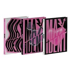 three books with pink covers and black lettering on them, one is in the shape of an abstract wave