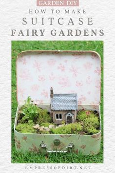 an old suitcase with moss growing in it and the words how to make suitcase fairy gardens