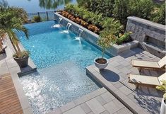 an outdoor swimming pool surrounded by trees and plants