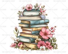 a stack of books with flowers on top