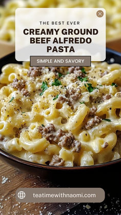 the best ever creamy ground beef alfredo pasta is served in a skillet with parmesan cheese