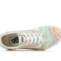 Tie-Dye Print Skater Shoes Bring Groovy Summer Style To Your Wardrobe. Sizing: M=Standard Width - Round Toe - Canvas And Synthetic Upper -Lace-Up Ties - Lightly Cushioned Insole - White Bumper Midsole - Waffle Outsole - Imported Textile And Synthetic Upper, Rubber Sole Trendy Vans Sneakers For Summer, Trendy Pastel Sneakers For Summer, Trendy Yellow Sneakers For Spring, Trendy Pastel Summer Sneakers, Vans Lace-up Sneakers For Summer, Green Vans Sneakers For Spring, Casual Multicolor Sneakers For Spring, Trendy Pastel Sneakers For Spring, Vans Multicolor Sneakers For Spring