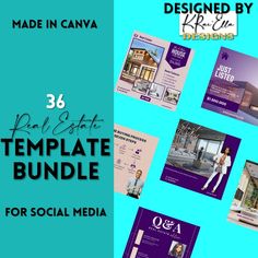 a blue and purple flyer for a social media event with the words,'35 real - estate templates for social media '