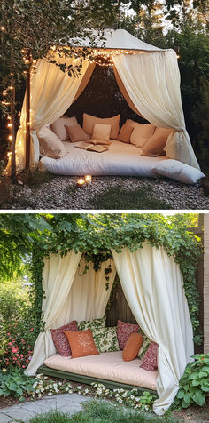 Fairy-lit garden canopy and ivy-wrapped nook with cozy seating and lush greenery. Romantic Curtains, Seating Area