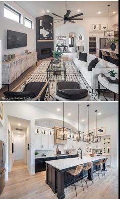 two pictures of the same living room and dining room in different rooms, one is white with black accents